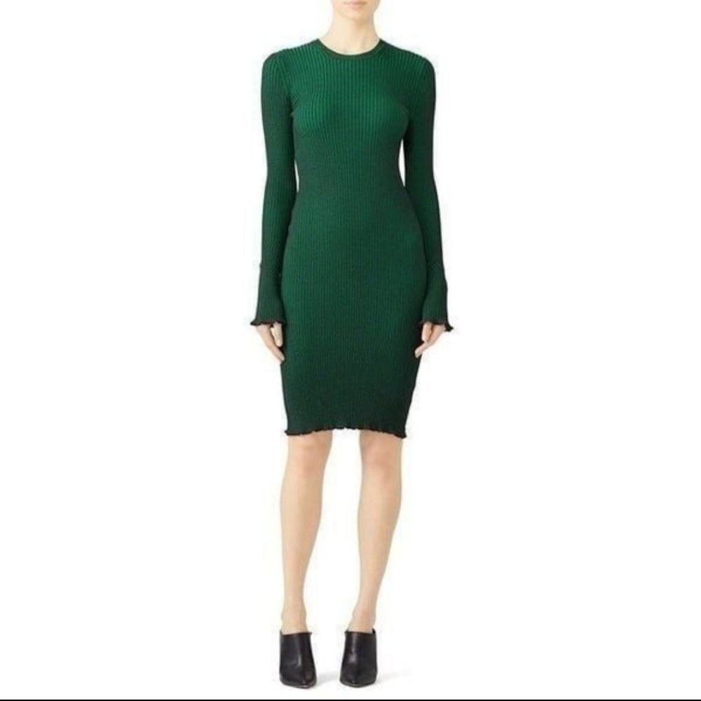 Scotch & Soda Dress Medium Green Midi Bodycon Ribbed Knit Stretch Long Sleeve